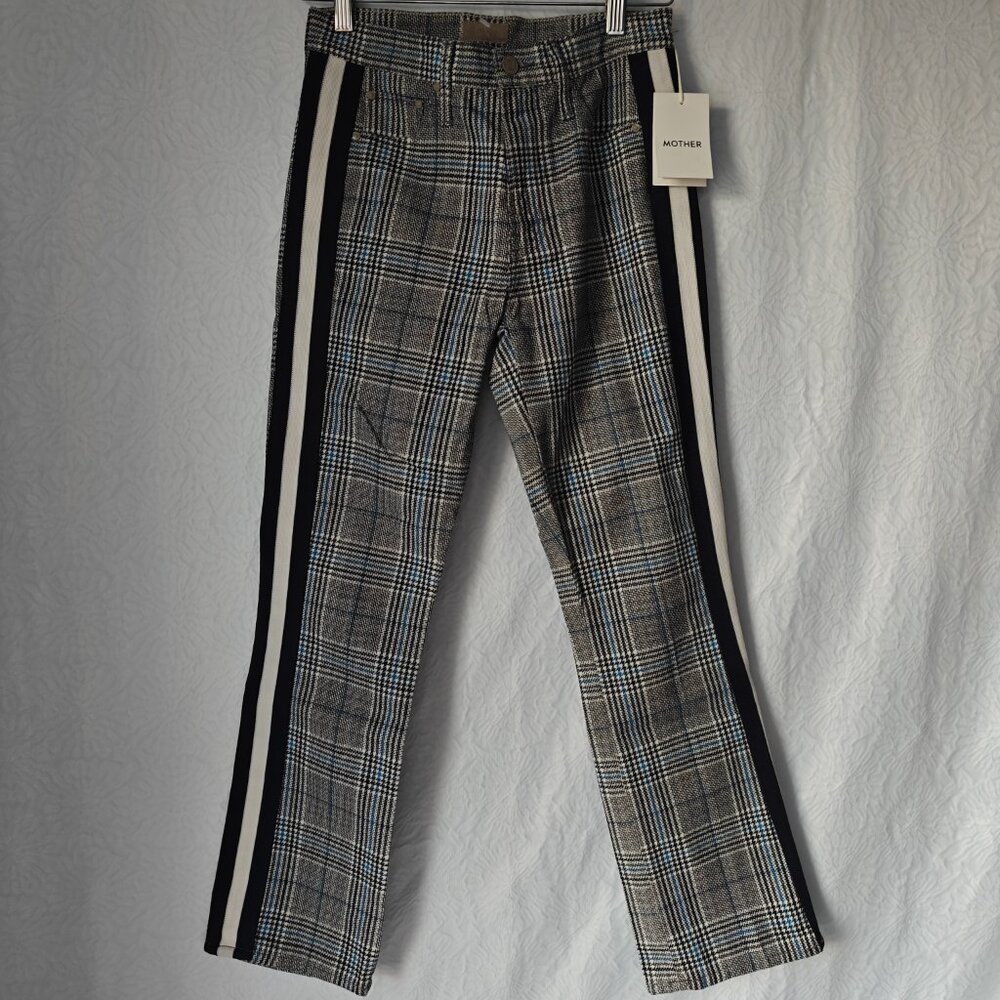 MOTHER Plaid Ankle Crop Pants with Black & Cream Side Stripes
